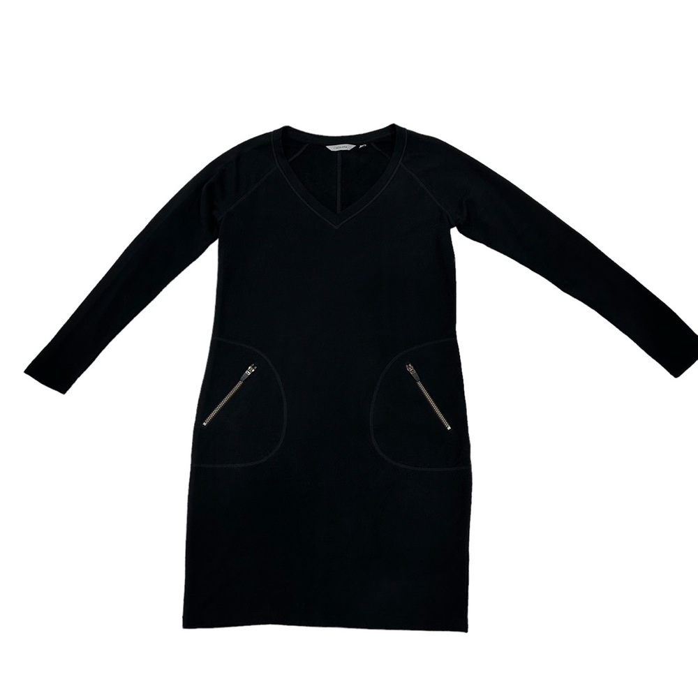Athleta Black Enchanted V-neck Sweatshirt Dress w/Pockets  Size MT (Med …